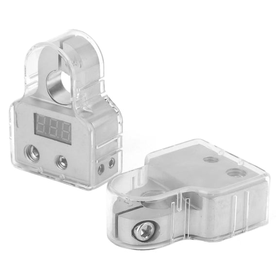 NFTIGB 2pcs Car Battery Terminal Connectors with Voltmeter Real Time Monitoring 0/4/8 AWG Gauge Clear Cover Zinc Alloy Auto Battery Connectors Positive Negative Connectors Fits 0.7 inches / 17.5 mm