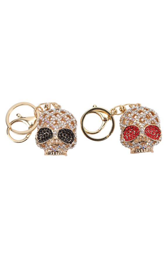 2pcs Skull Keychain Set in Black and Red, Rhinestone Embellished Long Lasting Romantic Pendant for Handbag, Backpack, and Car Key Decoration Accessories