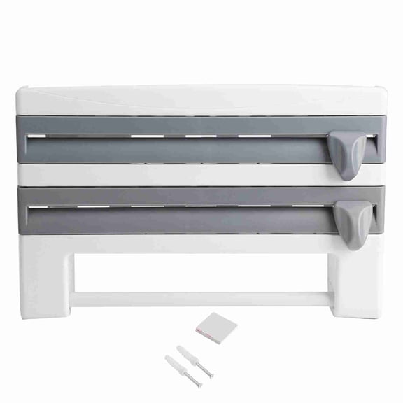 NFTIGB 3-in-1 Wall Mounted Kitchen Paper Towel Holder Roll Dispenser with Cling Film Aluminum Foil Cutter Storage Rack for Modern Kitchen Organization, White / Grey, 15.35 inches / 39 cm