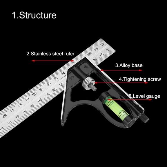 NFTIGB 300mm 12inch Metal Adjustable Combination Right Angle Ruler Engineer Measuring Tool