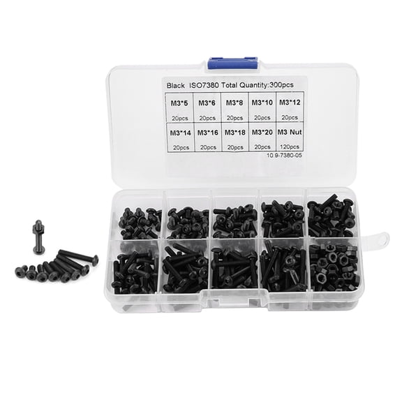 NFTIGB 300pcs M3 Black 10.9 Grade Button Head Hex Socket Screw and Nut Assortment Kit, Metric Thread Fastener Set for Machinery and Construction