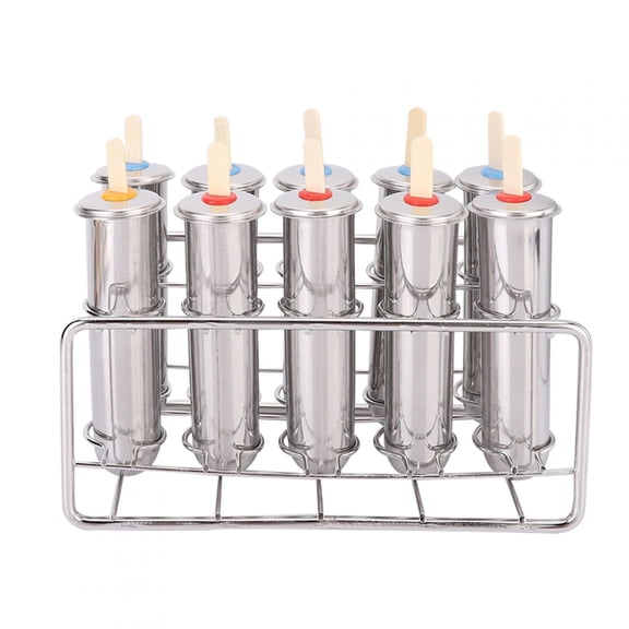 NFTIGB 304 Stainless Steel Ice Lolly Popsicle Molds Kit, 10 Cavity Professional Household DIY Ice Cream Mold with Cleaning Brush and Wooden Sticks (8.6 x 4.9 x 3.7 inches / 21.8 x 12.5 x 9.4 cm)