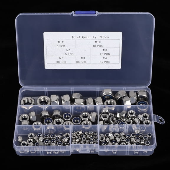 NFTIGB 304 Stainless Steel Self Locking Hex Hardware Nuts Assortment Kit, M3-M12 Assorted Sizes, 180 Pieces