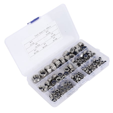 NFTIGB 304 Stainless Steel Self Locking Hex Hardware Nuts Assortment Kit, M3-M12 Assorted Sizes, 180 Pieces