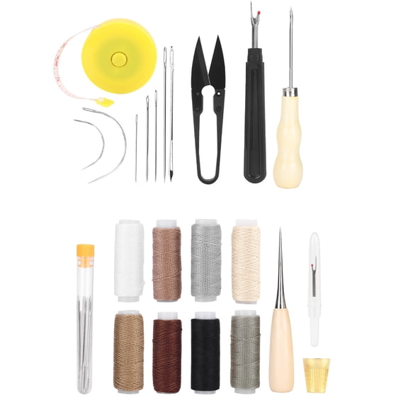 NFTIGB 31Pcs Leather Sewing Tools Kit Complete DIY Craft Set with Scissors Needles Punch Thimble Waxing Threads and Storage Box for Leather Repair and Crafting
