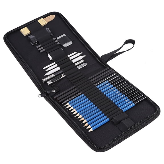 NFTIGB 33-Piece Professional Sketching Pencils Set and Drawing Kit with Charcoal Graphite Sticks Erasers Paper Stumps and Portable Oxford Zippered Travel Case (9.6x8.2 Inches / 24.5x21 cm)