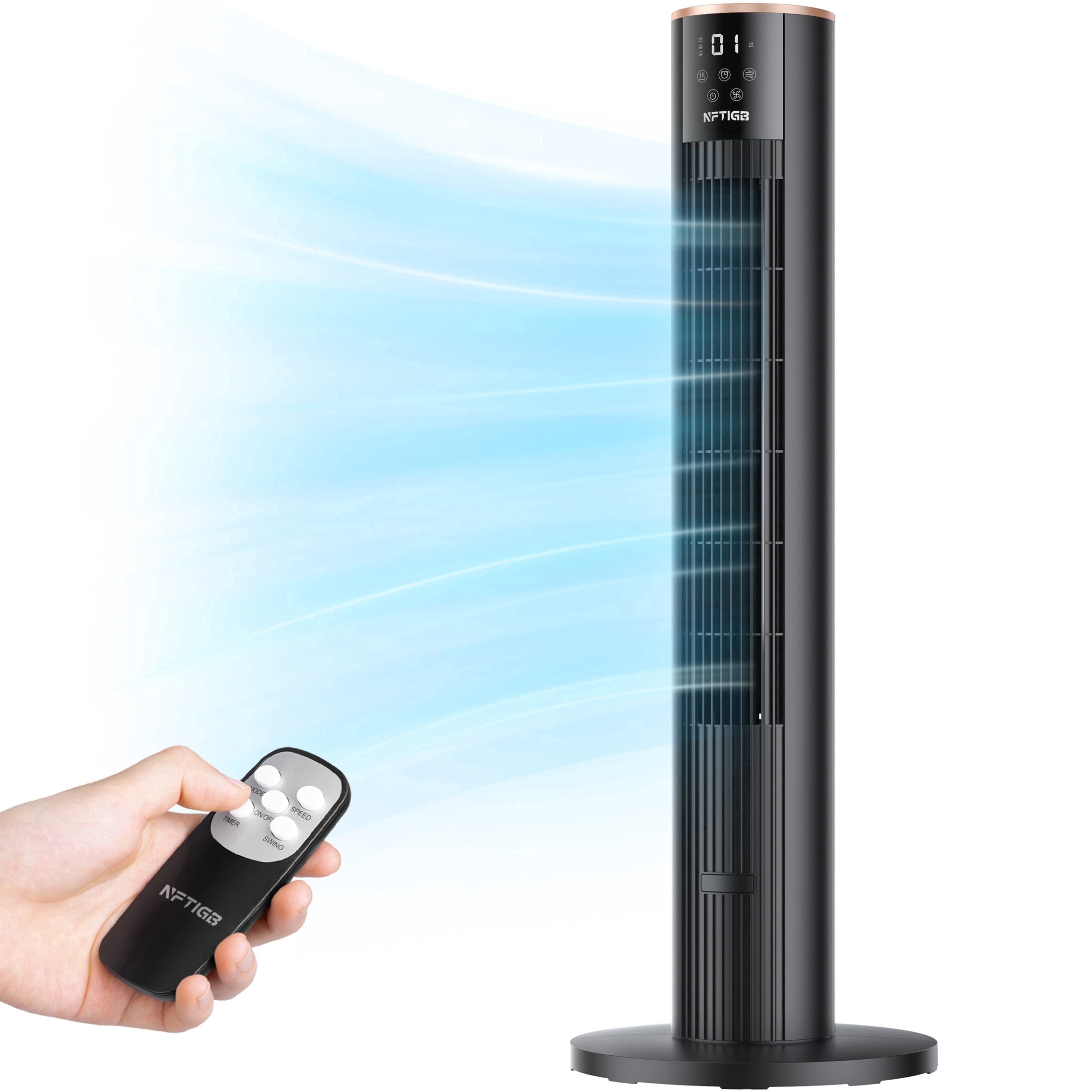 NFTIGB 36'' Tower Fan with Remote, 70 Oscillating Bladeless Floor Fan for Bedroom, 3 Modes, 12H Timer, Digital Display, Black