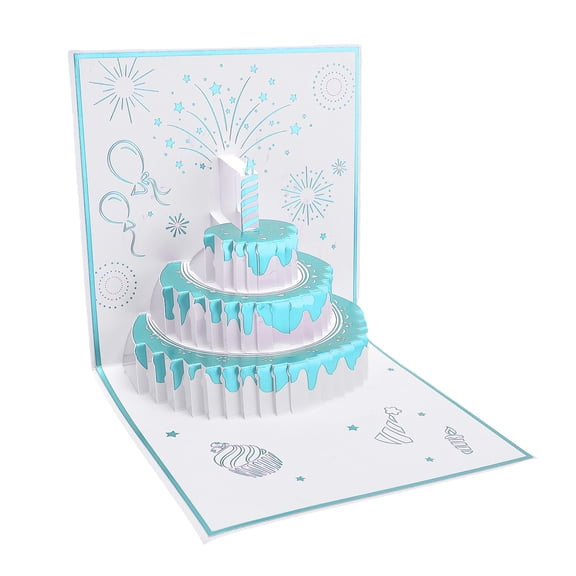 NFTIGB 3D Pop-Up Birthday Greeting Card with Music and LED Light, Exquisite Paper Cake Design in Blue Green Color, Includes Envelope, 5.9 inches / 15 cm Square Folded Size for Anyone