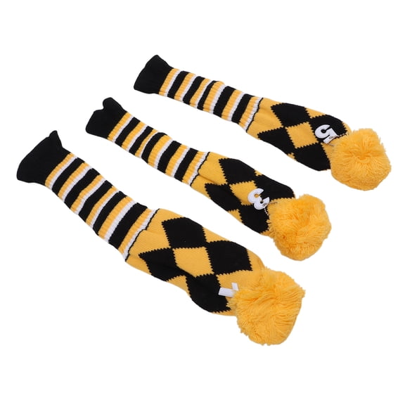NFTIGB 3PCS Knitted Golf Club Head Covers Fine Pattern Protective Set with Pom Pom for Travel, Yellow Black