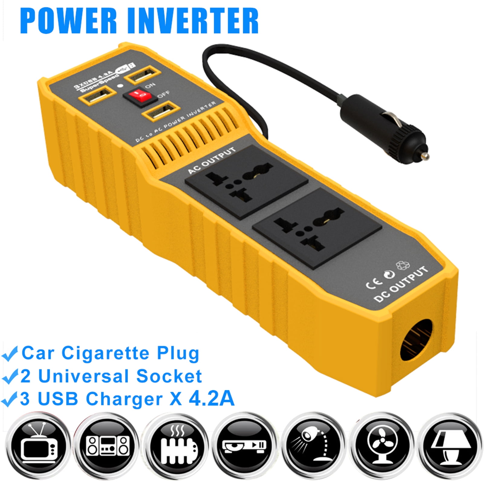 NFTIGB 400W Peak 200W Continuous Car Power Inverter DC 12V to AC 220V Converter with 3 USB Ports, 2 AC Outlets & Cigarette Lighter for Laptops, Smartphones, Yellow (10.11 inches / 25.7 cm)