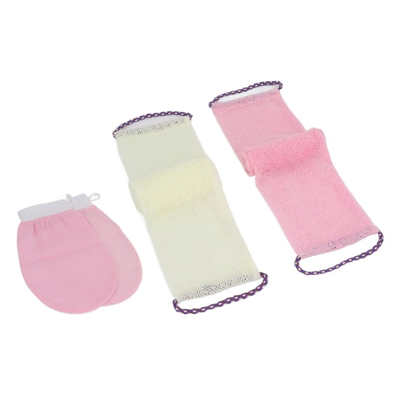 NFTIGB 4pcs African Net Sponge Long Bath Exfoliating Back Scrubber with Bathing Gloves Set, Roseate & Beige