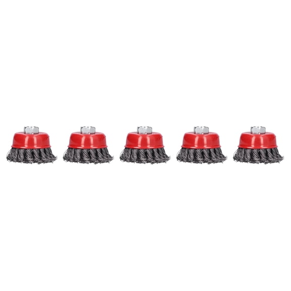 NFTIGB 5-Piece 2.6 Inches / 6.5 cm Steel Wire Wheels Bowl Type Twisted Brushes Set M10 Screw Mounting Polishing Wheel Tool For Rust Removal, Heavy Duty Abrasive Accessory, Red Cover