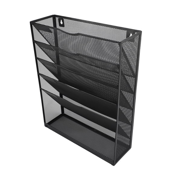 NFTIGB 5-Tier Wall Mount File Organizer with Bottom Tray, Vertical Hanging Storage Holder for Office and Home, Black (16.1x12.6x3.9 in / 41x32x10 cm)