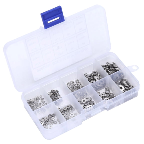NFTIGB 500pcs M1.6 M2 M2.5 M3 M4 Stainless Steel Flat Washer & Spring Gasket Assortment Kit, Rust Resistant Hardware Fasteners with Storage Box for General Repairing