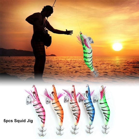 NFTIGB 5pcs 13cm / 5.11 inches Glow in the Dark Squid Jig Fishing Lures, Shrimp Shaped Artificial Night Bait Saltwater Tackle Hooks Accessory Tool Set