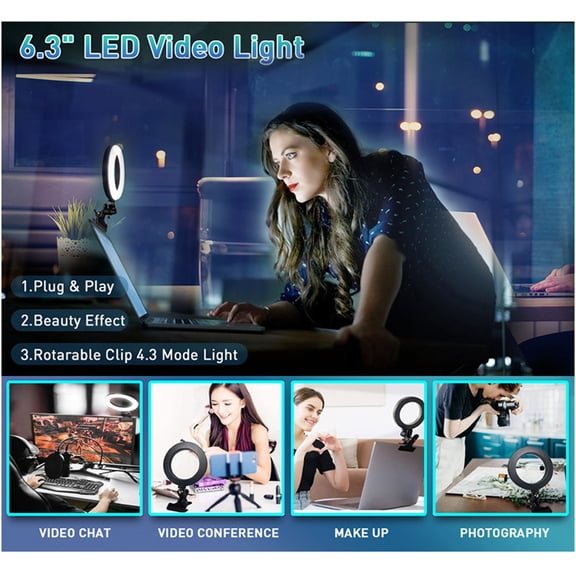 NFTIGB 6 inches LEDs Selfie Ring Light with Clamp USB Operated 3 Colors Temperature Changing 3 Levels Dimmable Brightness Adjustable Illuminating Angle Video Meeting Live Show Black