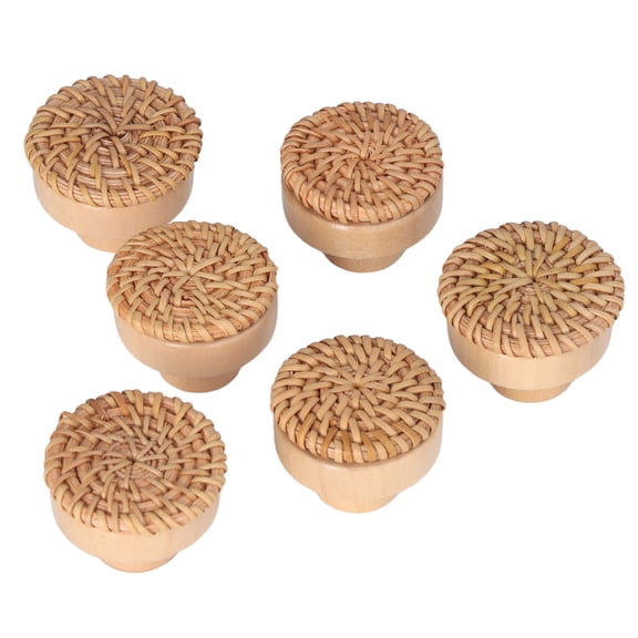 NFTIGB 6pcs Round Drawer Knobs Wood Rattan Woven Handmade Drawer Pulls Door Knobs for Kitchen Bedroom Furniture Wardrobe Bohemian Boho Style Handles Set (16x8x4 cm / 6.3x3.1x1.6 in)