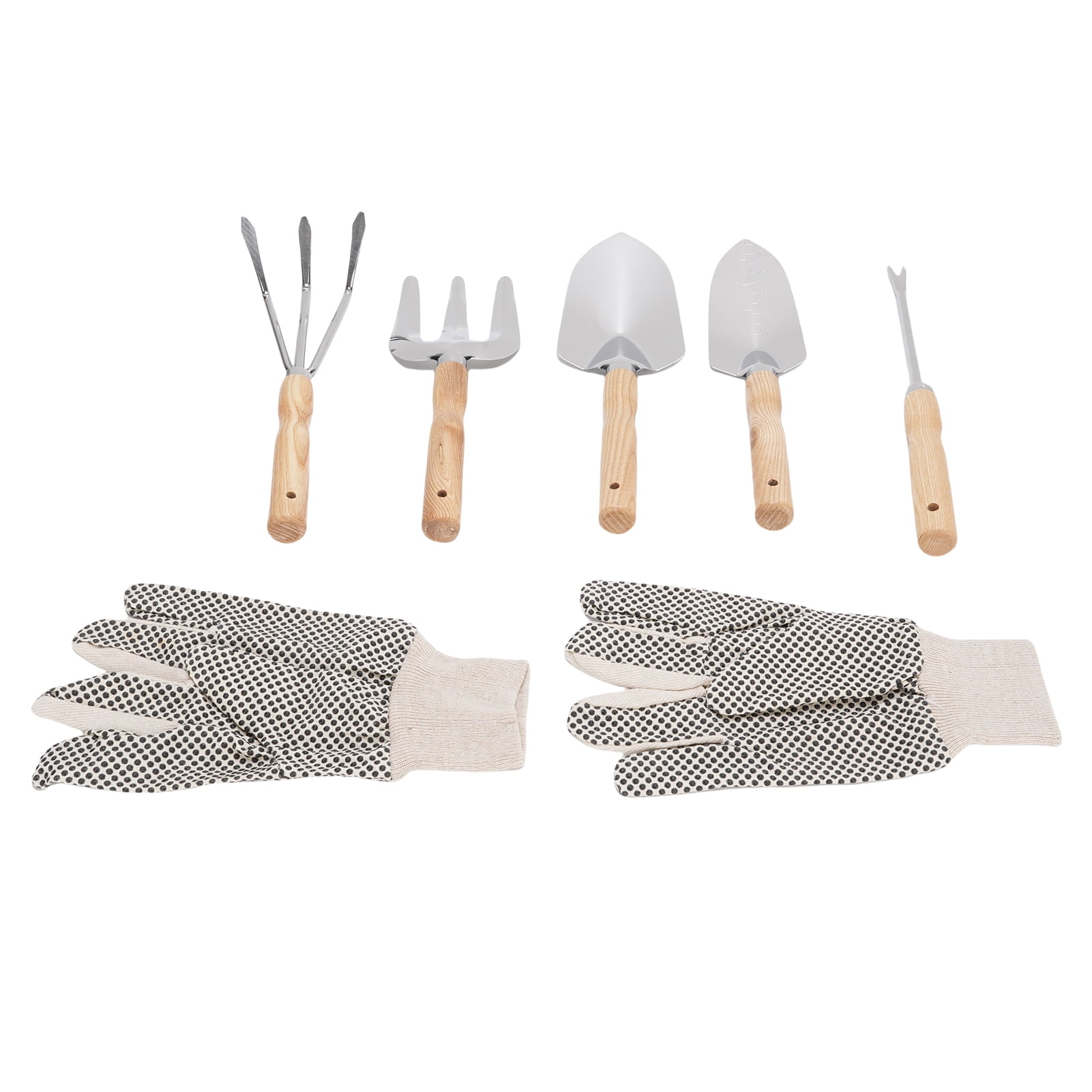 NFTIGB 7-Piece Garden Tools Set with Wooden Handle, Stainless Steel Shovel, Trowel, Weed Puller, Hand Fork, Rake and Canvas Gloves for Vegetable Flower Planting (12.6 in / 32 cm)