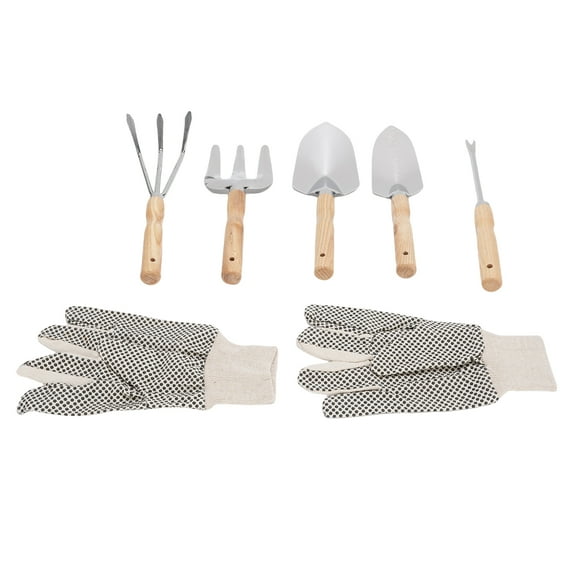 NFTIGB 7-Piece Garden Tools Set with Wooden Handle, Stainless Steel Shovel, Trowel, Weed Puller, Hand Fork, Rake and Canvas Gloves for Vegetable Flower Planting (12.6 in / 32 cm)