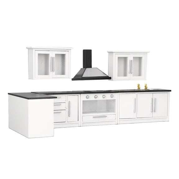 NFTIGB 7pcs 1:12 Mini Dollhouse Kitchen Cabinet Simulation Life Scene Modern Wooden Kitchen Furniture Set, 13.78 Inches / 35.0 cm Long Complete Miniature Room Set
