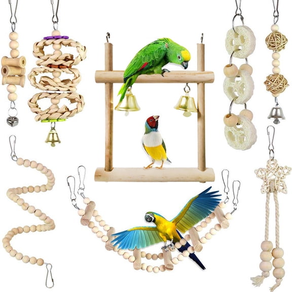 NFTIGB 8 Pieces Parrot Chewing Toys Set Wooden Swing Soft Ladder Wooden Beads Rotating Stairs for Cockatiel Conure Mynah Macow and Small Birds (7.87 inches / 20.00 cm)