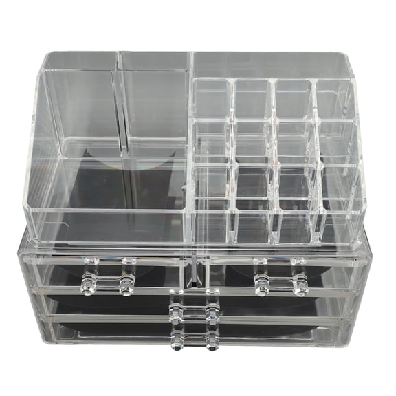 NFTIGB Acrylic Freestanding Makeup Organizer Clear Cosmetic Display Cases with 4 Drawers and Brush Holder Top Tray for Vanity Lipstick Jewelry Storage