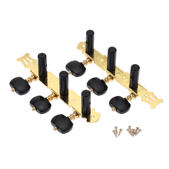 NFTIGB Classical Guitar Tuning Key Pegs, Gold-Plated 3 Machine Head Long String Tuner Replacement Parts with Ebonizing Knobs for Acoustic Guitars, Includes Mounting Screws, 1 Pair