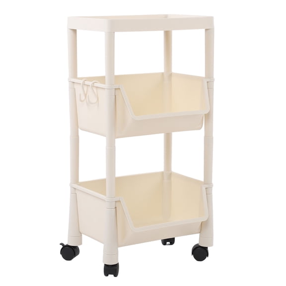 NFTIGB Compact Rolling Storage Organizer Large Capacity Mobile Utility Cart Movable Book Shelves Lockable Wheels 3 Tier With Cover Premium White 13.39 inches / 34 cm Long