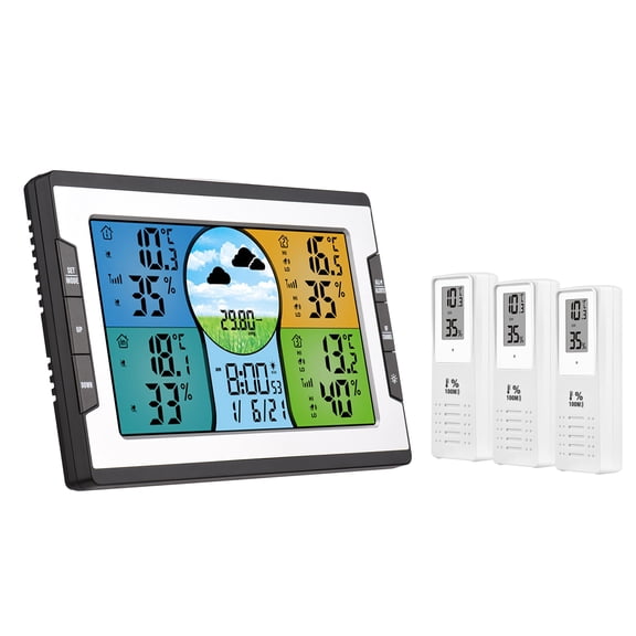 NFTIGB Digital Weather Station with 3 Remote Sensors, Indoor Outdoor Temperature Humidity Monitor, Alarm Clock with Snooze, Color Display
