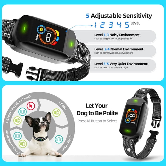 NFTIGB Dog Training Device Bark Collar Colour Screen Intelligent Trainer Waterproof IP67 Rechargeable Shock Collar 5 Adjustable Sensitivity Beep Vibration for Small Medium Large Dogs 25 in / 63.5 cm