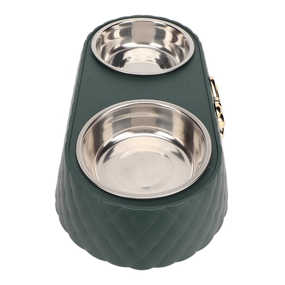 NFTIGB Double Pet Bowls Prevent Slip Stainless Steel Food Water Bowls Bowknot Decor Holder Dog Cat Dark Green 13.4 inches / 34 cm