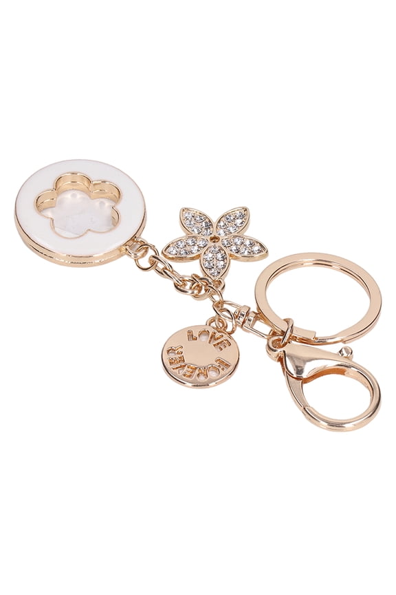 Exquisite Five Leaf Clover Rhinestone Keychain Stylish Bag Pendant Chic Car Key Ring for Women and Girls, White