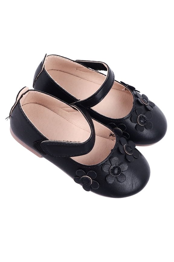 Girls Mary Jane Flower Dress Shoes, PU Leather Soft Soled Princess Flats for Stage Party Dance, Black (EU Size 21)