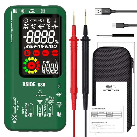 NFTIGB Green 4in1 Digital Multimeter Infrared Thermometer Electric Test Pen Circuit Analyzer 3.5in LCD Color Display 9999 Counts Auto-Ranging
