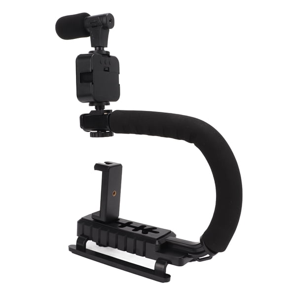 NFTIGB Handheld Video Camera Stabilizer System with LED Fill Light and Noise Reduction Microphone, Portable U-Shape Video Rig Bracket for DSLR and Smartphone Recording, 9.84 inches / 25.0 cm
