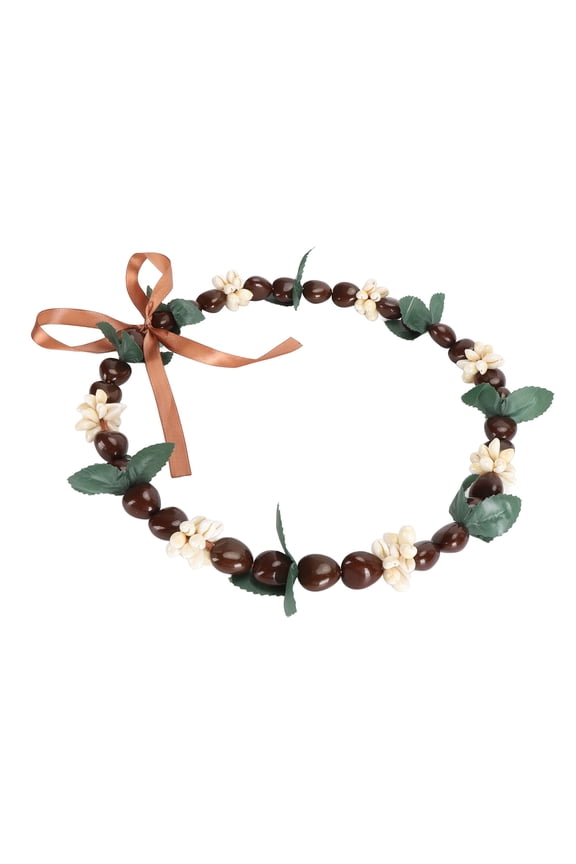 Hawaiian Kukui Nut Lei Necklace Elegant Handcrafted Graduation Shell Ribbon Garland Chain for Luau Party Brown, 32 inches / 80.5 cm
