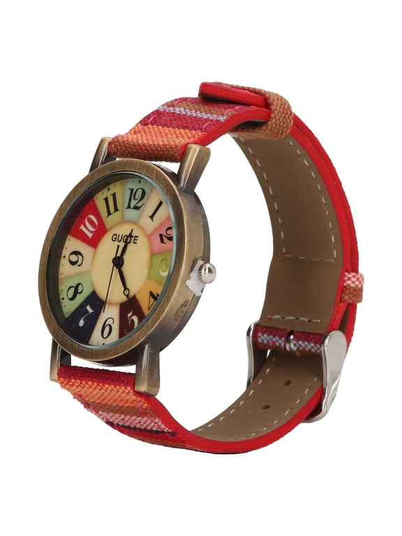 Hippie Watch Multicolour Bohemian Style Brass PU Leather Button Battery Women Watch for Birthday Party Gifting Red