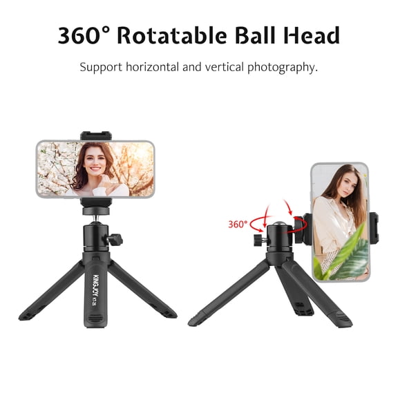 NFTIGB KT-26 Mini Desktop Pocket Tripod with 360 Rotatable Ball Head, Extendable Phone Clip, and Universal 1/4 Inch Screw Mount for Smartphone Camera Selfie Video Recording Live Streaming, Black