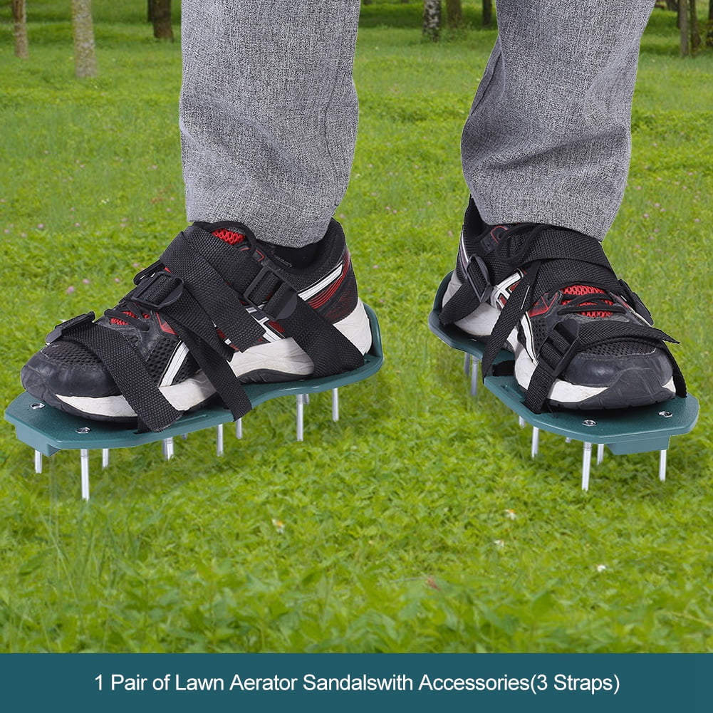 NFTIGB Lawn Aerator Sandals with 3 Straps and 26 Heavy Duty Spikes, Soil Loosening Spiked Shoes for Yard Garden Patio, One Size Fits All 11.81 x 5.12 inches / 30 x 13 cm Green