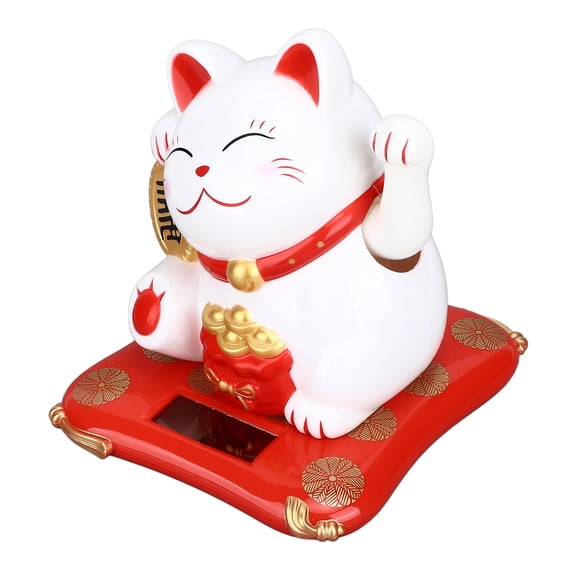 NFTIGB Lucky Cat Solar Powered Cute Decorative Wealth Welcoming Waving Fortune Cat for Home Office Restaurant White, Eco-Friendly Light Energy Sensor, Auto Swinging Hand Figurine, 5.5 inches / 14 cm