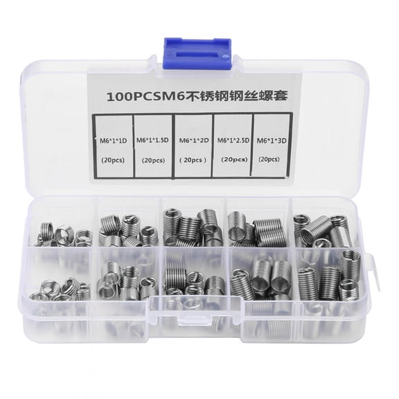NFTIGB M6 Stainless Steel Coiled Wire Helical Screw Thread Inserts Set, 100pcs Heavy Duty Thread Repair Insert Kit (M6x1 Thread Size / 0.24 inches Internal Diameter) for Aluminum Magnesium Wood