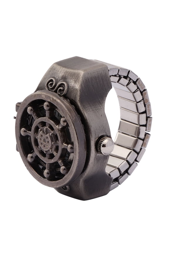 Men's Vintage Hollow Flip Up Cover Finger Ring Watch, Quartz Casual Watch with Alloy Band and Case, Black Rudder Pattern (0.9 inches / 24 mm)