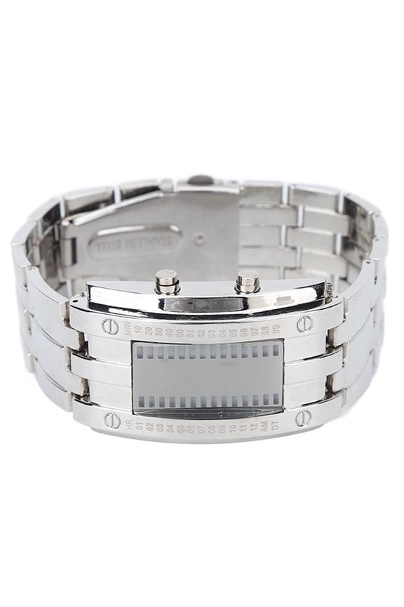 Men's Watch Fashion Exquisite Waterproof Alloy Men's LED Watch with Binary Time Mode Display Men's Silver Watch Business Wristwatch with Built in CR2032 Battery Included