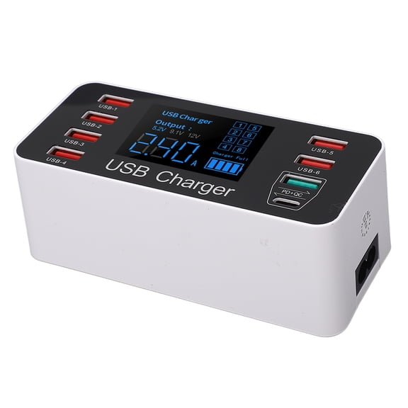NFTIGB Multi-Port Charging Station 40W 8-Port Hub 6xUSB 1xQC3.0 1xPD Intelligent LED Display Power Adapter 100-240V US Plug for Smart Phones, Tablets, and Desktop Organization (5.51 inches / 14 cm)