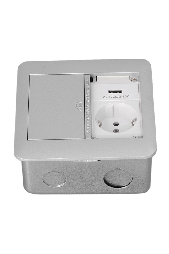 Multifunctional Embedded Floor Power Socket, Flame Retardant Waterproof Recessed Outlet, 250V 16A Dual Receptacles with Dual 5V 2.1A USB Ports, Dark Gray Finish, 5.51 inches / 14 cm