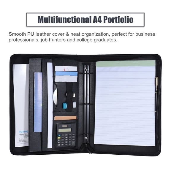 NFTIGB Multifunctional Professional Business Padfolio Document Case Organizer A4 PU Leather Zippered Closure Loose-leaf Loop Calculator Memo Pad 14.2 inches / 36 cm[cite: 1]