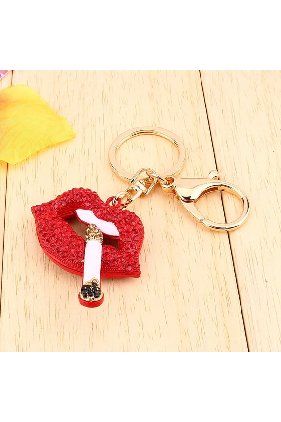 New Cool Smoking Red Lips Keyring Rhinestone Crystal Charm Pendant KeyChain Gift, 4.33 inches / 11 cm