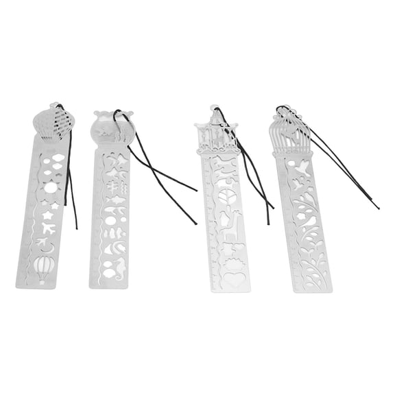 NFTIGB Portable Multifunctional Metal Stencil Ruler 4 Cartoon Pattern Templates Handbook Painting Bookmarks Hollow Drawing Tool for Kids and Adults (6.69 inches / 17.00 cm)