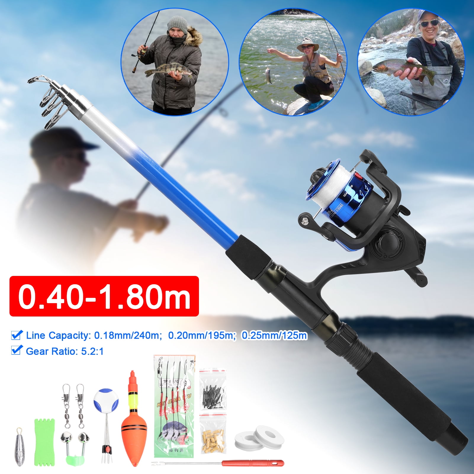 NFTIGB Portable Retractable Fishing Rod and Reel Combo Suit Complete Fishing Gear Accessory Bag Tool Set For Beginners Include Fishing Line Hooks Bobbers 19.69 inches / 50 cm