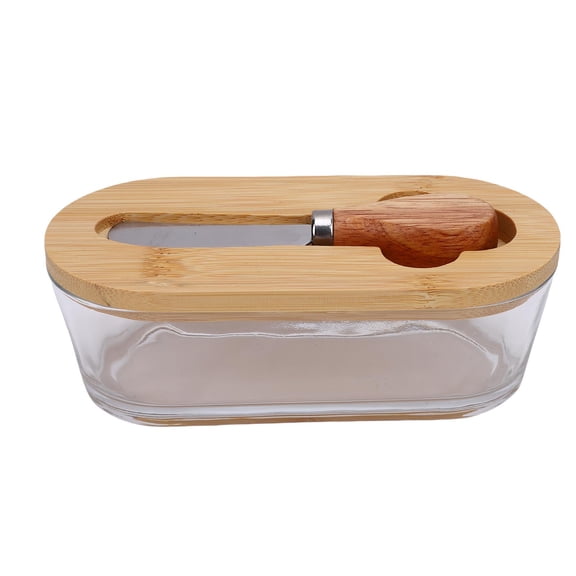 NFTIGB Premium Glass Butter Dish with Lid Airtight Seal Rectangular Butter Keeper Container for Kitchen Countertop Decor Elegant Wood Base Freshness Preservation Tray, 300ML / 10.1 oz